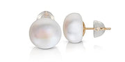 BELLA LEORA White Button AAA Freshwater Real Pearl 14k Yellow Gold Stud Earrings 10.0mm-11.0mm