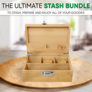 MustStash Large Stash Box with Smell-Proof UV Glass Jars - 420 Box, Handcrafted Bamboo Herb Box with Combination Lock, Rolling Tray, Storage Tube & Cleaning Brush - Tobacco Organizing Accessories