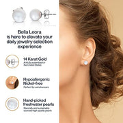 BELLA LEORA Round White AAA Freshwater Real Pearl Earrings -14k White Gold Stud Earrings