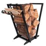 Timbre Timber Firewood Holder Black Iron V-Shaped Freestanding Firewood Holder with Removable Kindling Storage Brackets