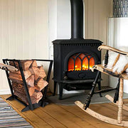 Timbre Timber Firewood Holder Black Iron V-Shaped Freestanding Firewood Holder with Removable Kindling Storage Brackets